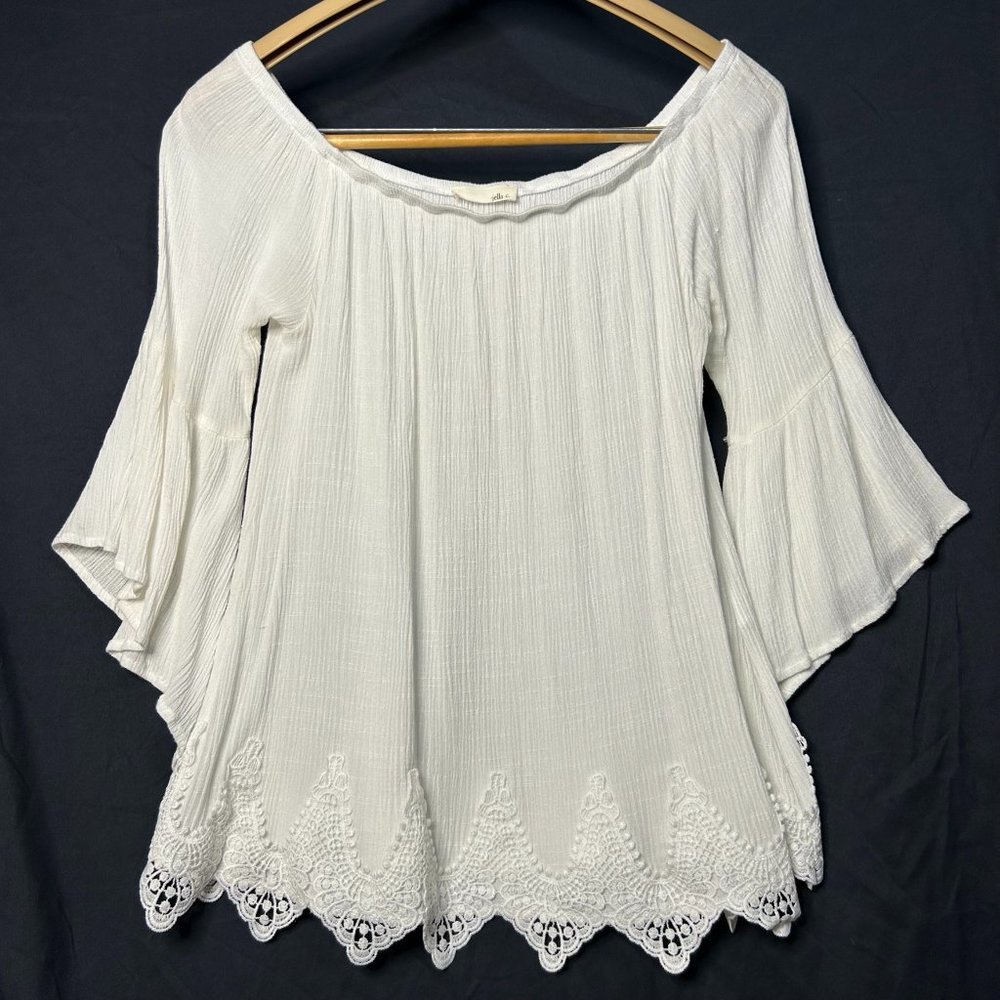 Jella C. Bell Sleeve Top‎ Crochet Trim Off Shoulder Blouse Size Large